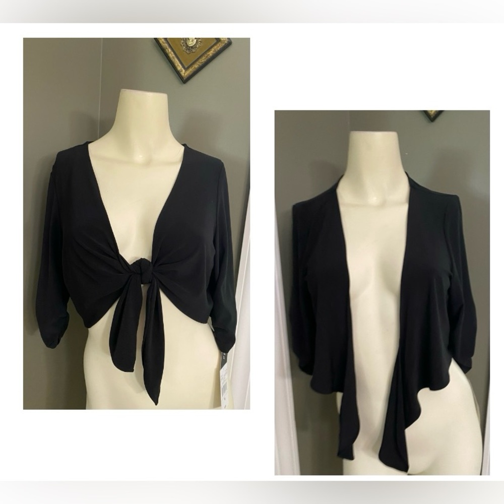 Perceptions New York Women's M Black Bolero Cropped Jacket Ruched Half Sleeve